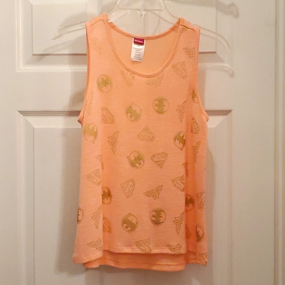 DC Comics Girl's XL 14/16 Justice League Heather Orange Soft Tank Top with Gold